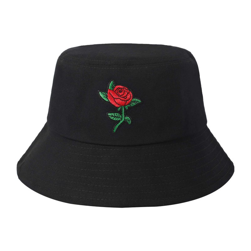 ZLYC Unisex Fashion Embroidered Bucket Hat Summer Fisherman Cap for Men Women Teens (Rose Black) - Image 1